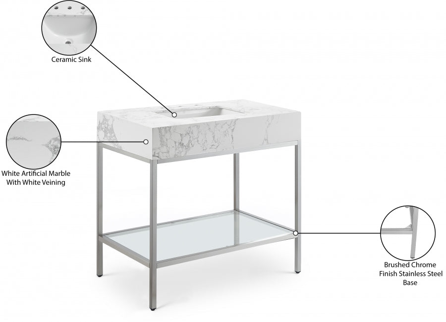 Marmo Engineered Stone Top and Brushed Chrome, Steel And Glass Base Vanity