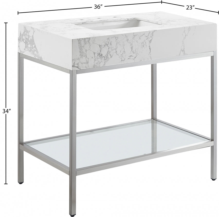 Marmo Engineered Stone Top and Brushed Chrome, Steel And Glass Base Vanity