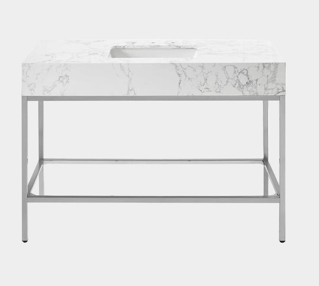 Marmo Engineered Stone Top and Brushed Chrome, Steel And Glass Base Vanity