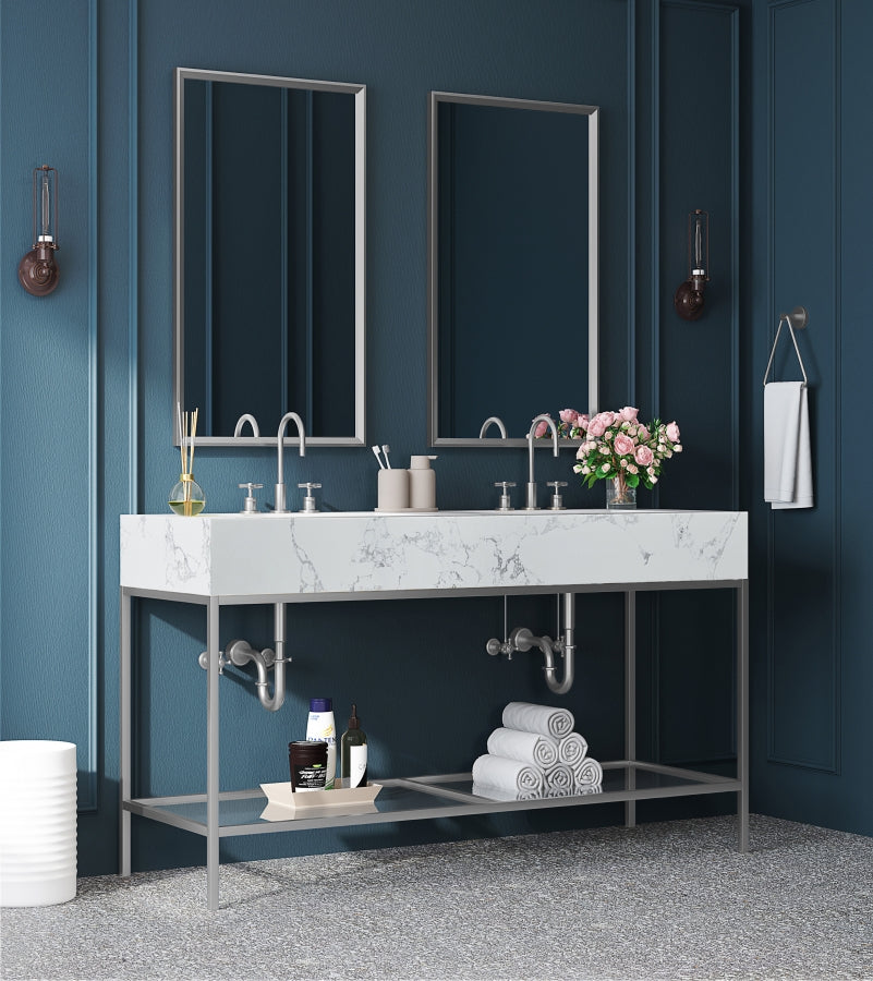 Marmo Engineered Stone Top and Brushed Chrome, Steel And Glass Base Vanity
