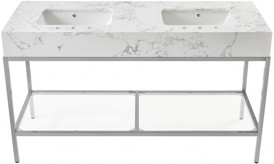Marmo Engineered Stone Top and Brushed Chrome, Steel And Glass Base Vanity