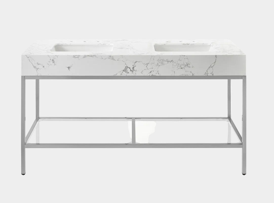 Marmo Engineered Stone Top and Brushed Chrome, Steel And Glass Base Vanity