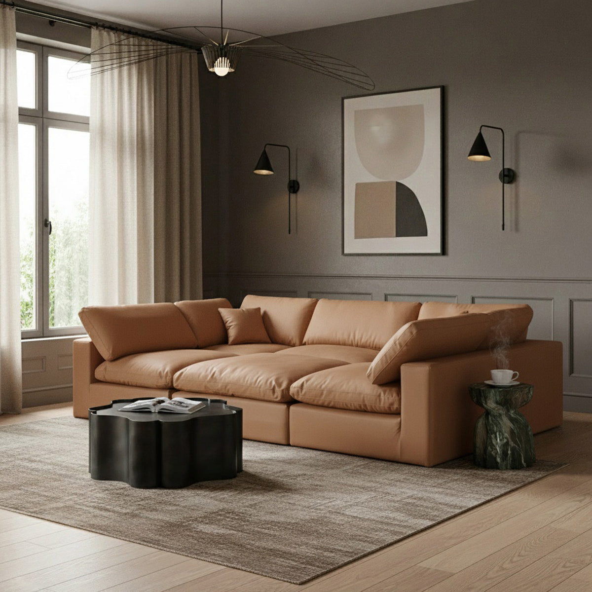 Comfy 119" Vegan Leather Upholstered 6pc. Modular Sectional