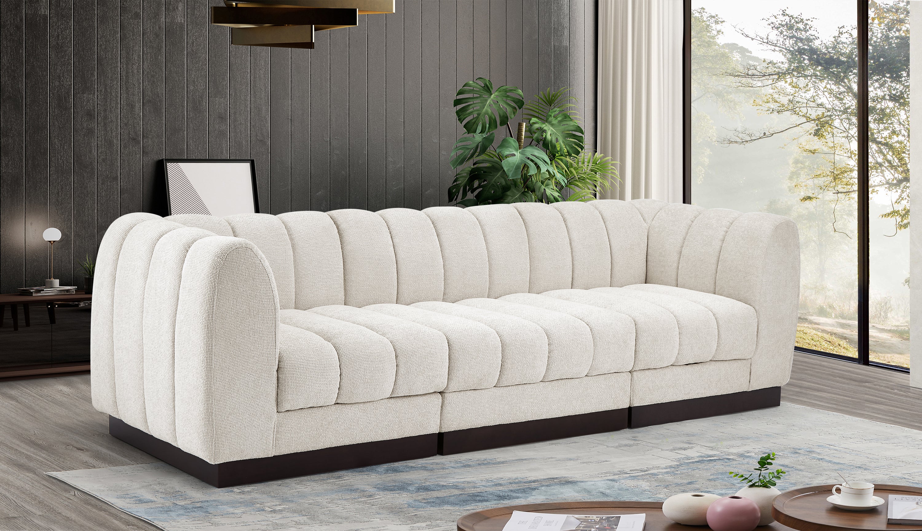 Quinn Chenille Fabric Three-Seater Sofa with Armrest