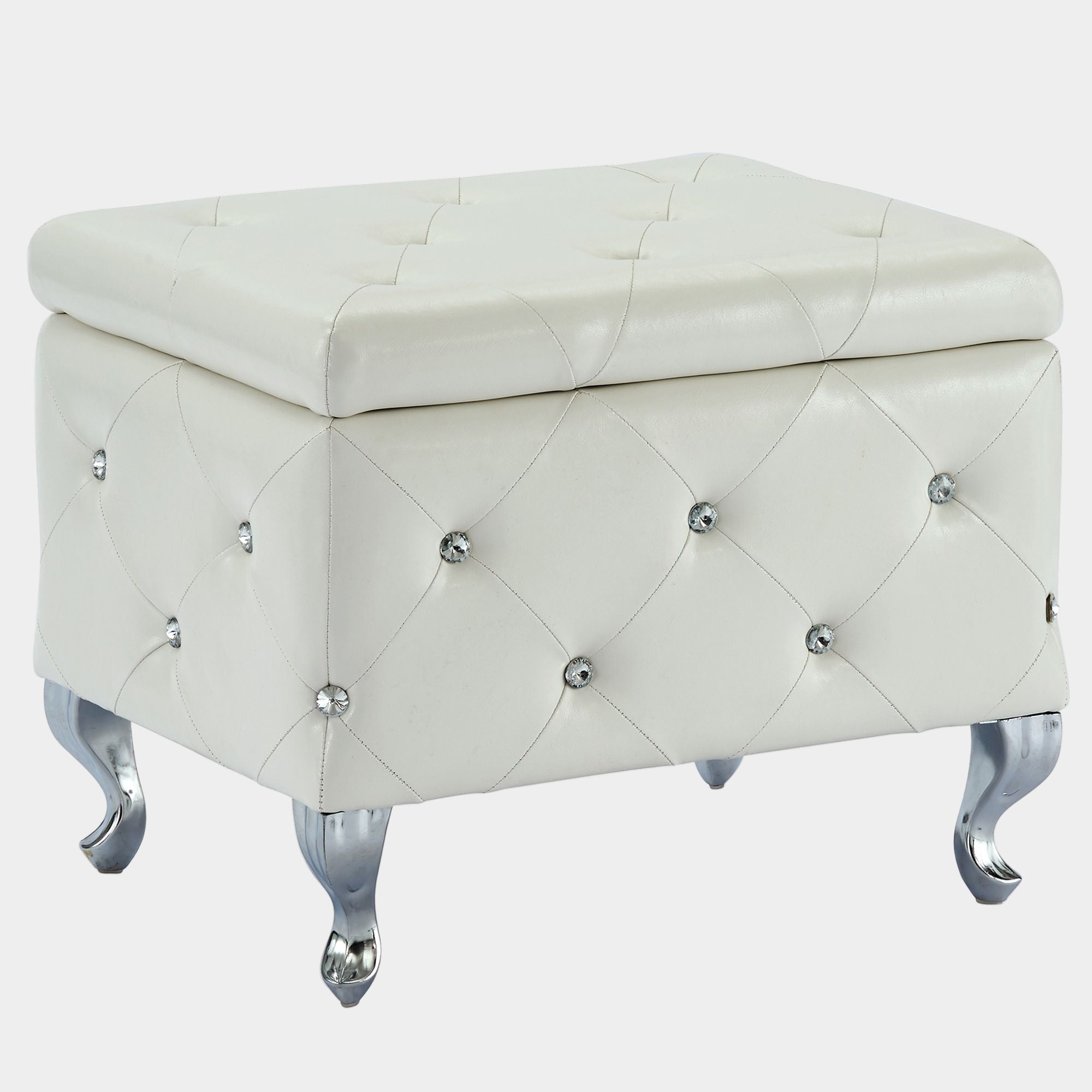 Monique Square Storage Ottoman in White and Chrome