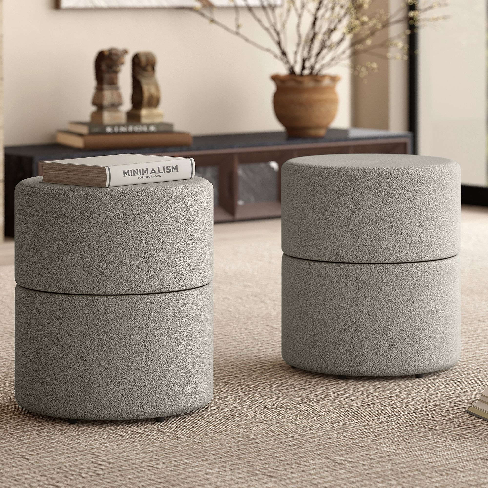 Novar Round Swivel Ottoman in Warm Grey Boucle