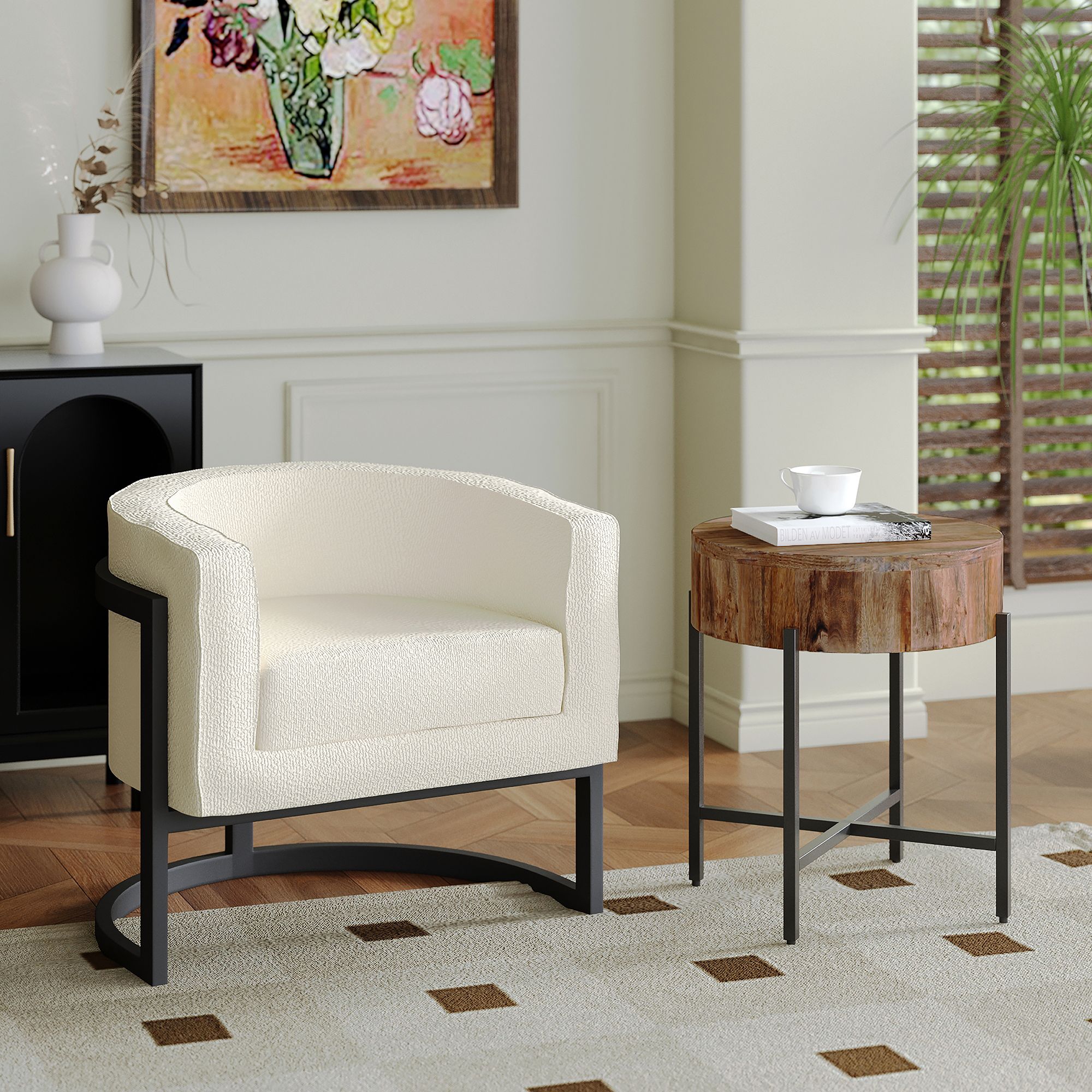 Zhuri Accent Chair in Ivory Boucle and Black