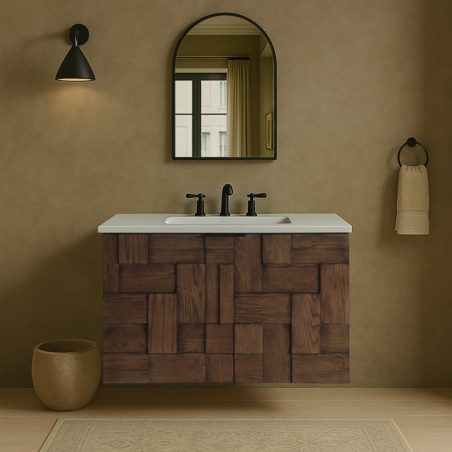 Leonardo White Engineered Stone And Solid Wood Wall Mounted Bathroom Vanity