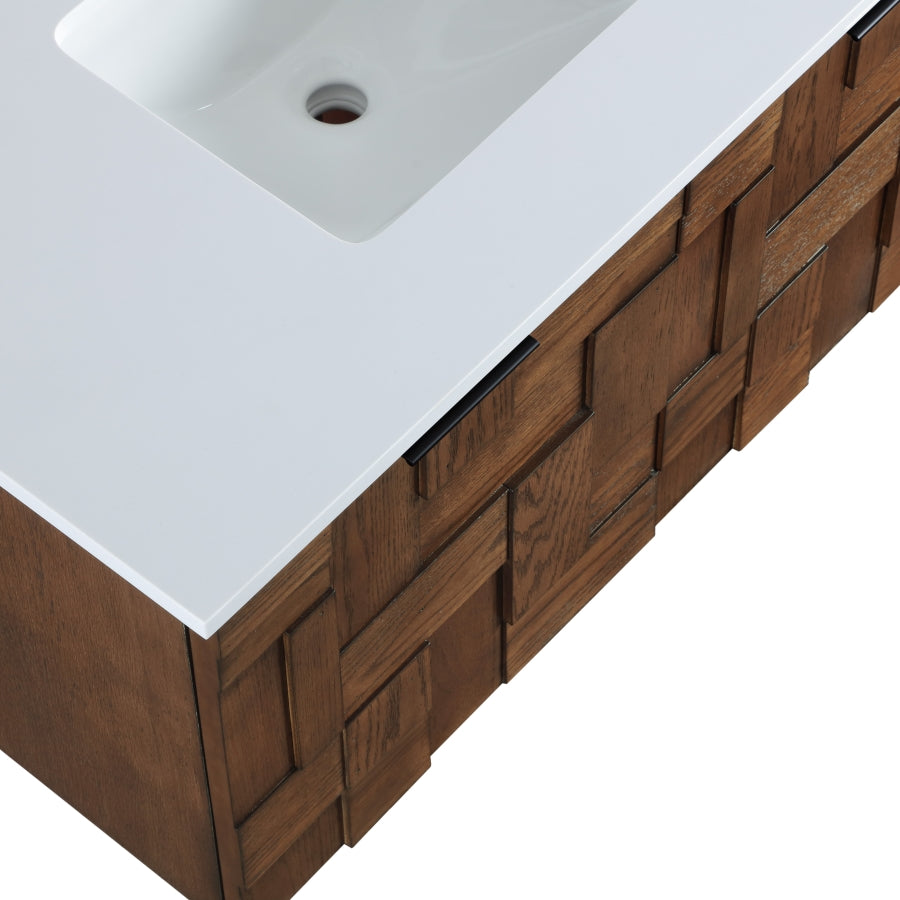 Leonardo White Engineered Stone And Solid Wood Wall Mounted Bathroom Vanity