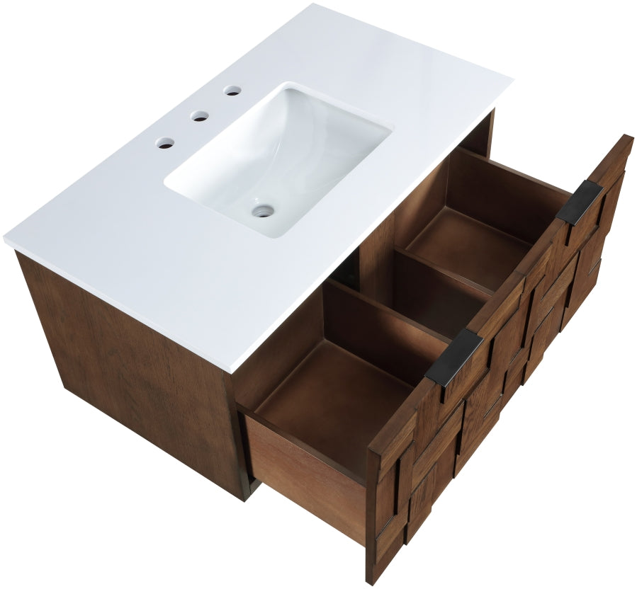Leonardo White Engineered Stone And Solid Wood Wall Mounted Bathroom Vanity