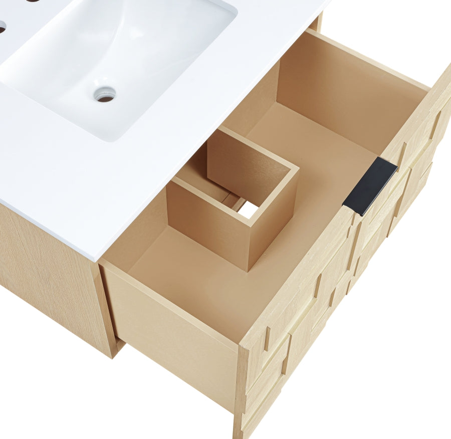 Leonardo White Engineered Stone And Solid Wood Wall Mounted Bathroom Vanity