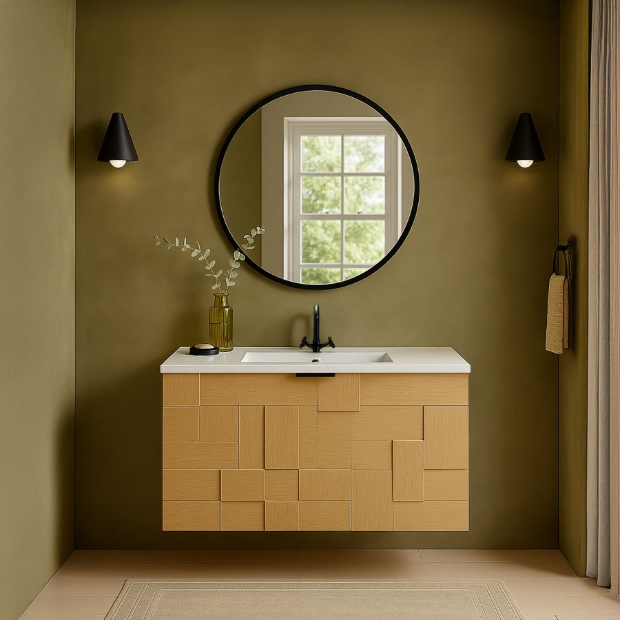 Leonardo White Engineered Stone And Solid Wood Wall Mounted Bathroom Vanity