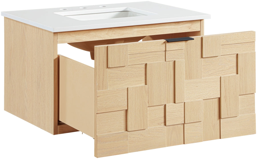 Leonardo White Engineered Stone And Solid Wood Wall Mounted Bathroom Vanity