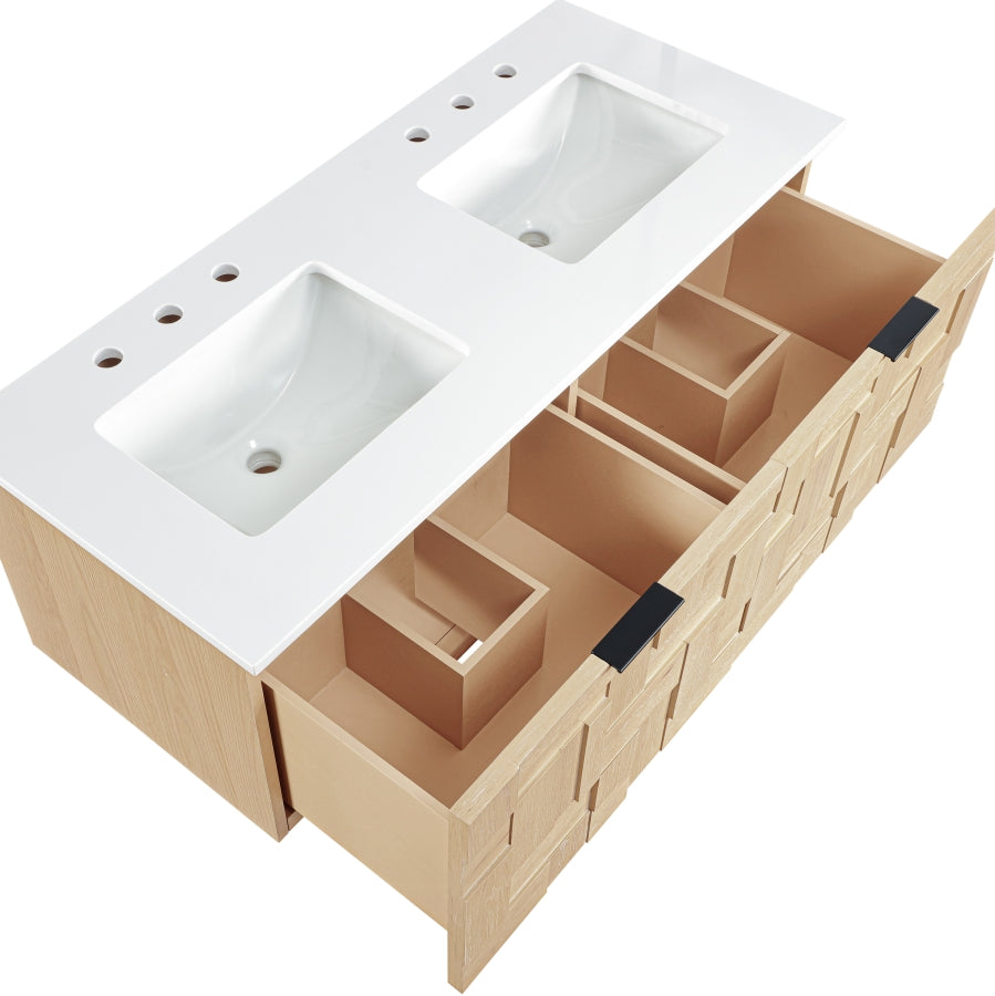 Leonardo White Engineered Stone And Solid Wood Wall Mounted Bathroom Vanity