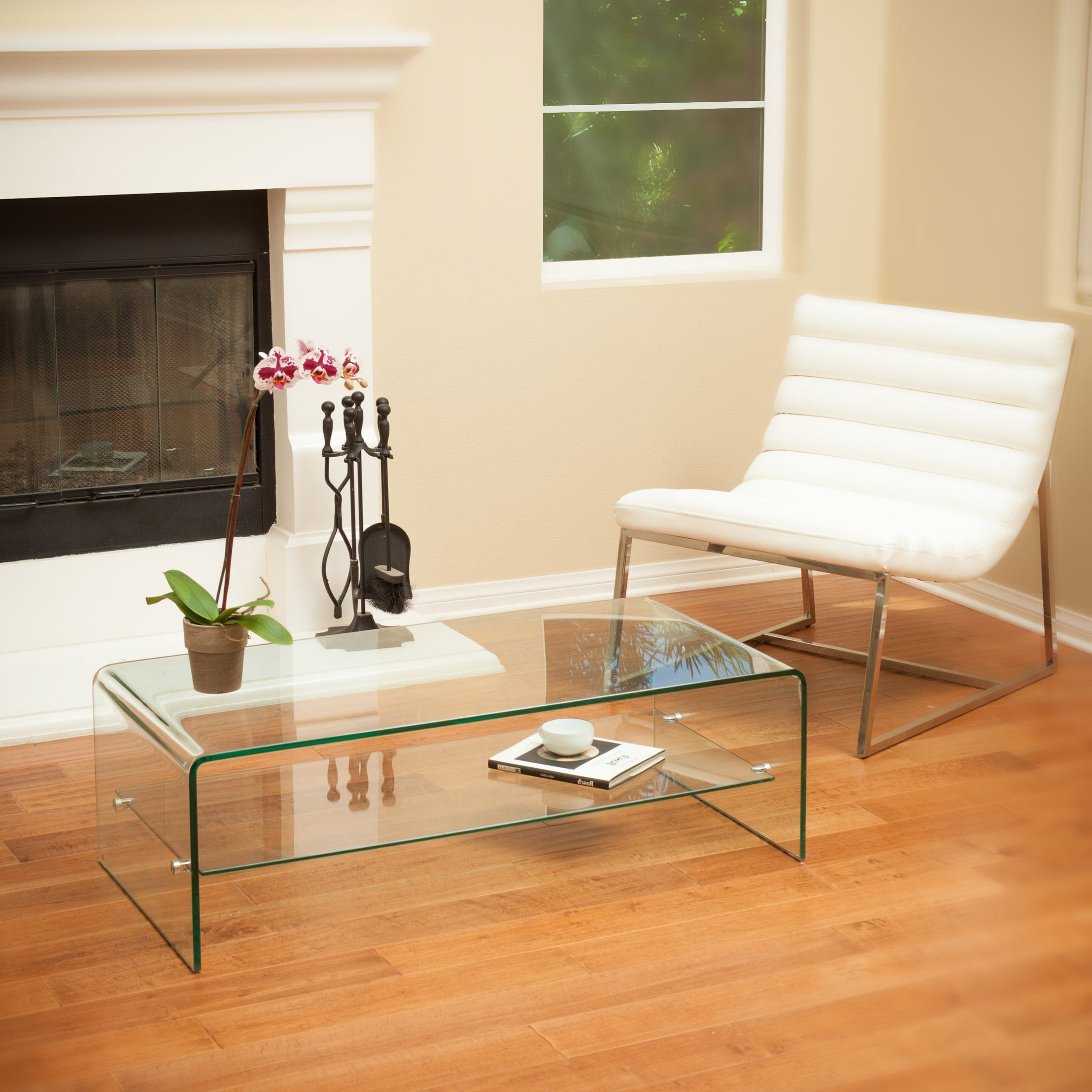 Waterfall Coffee Table with Glass Top Shelf