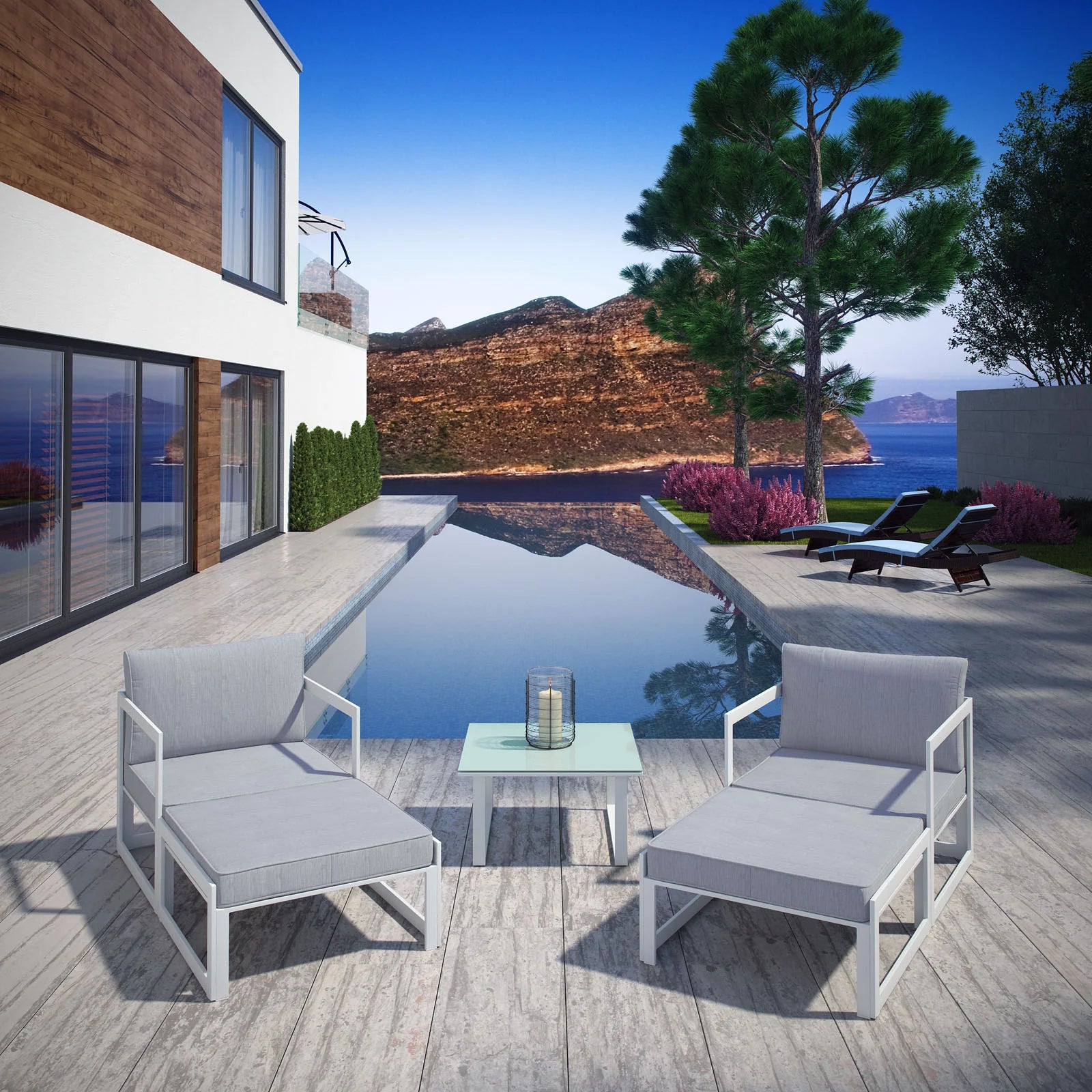 Fortuna 5 Piece Outdoor Patio Sectional Sofa Set in White Gray