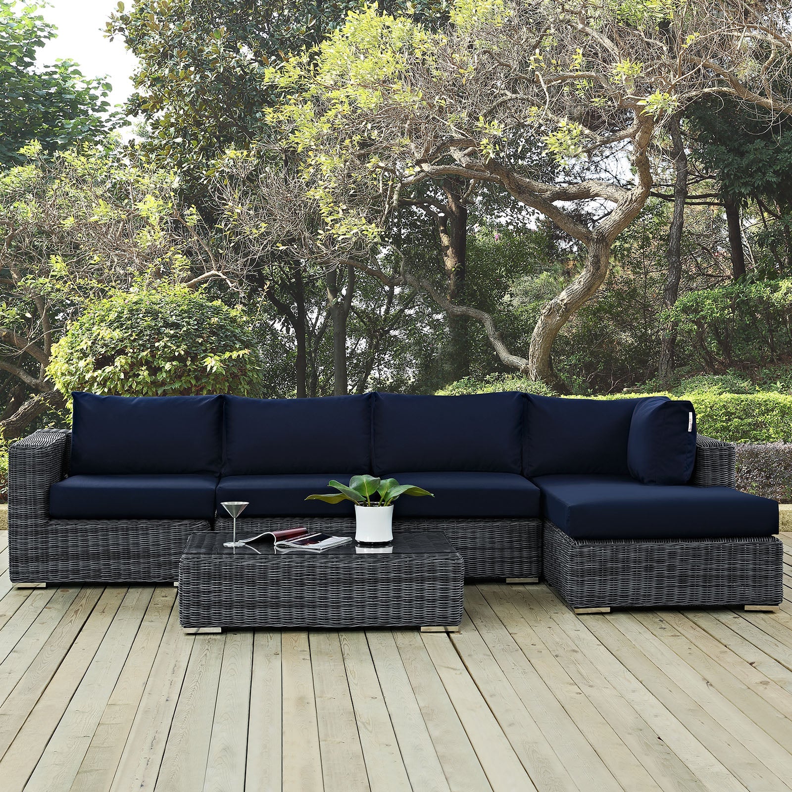 Summon 5 Piece Outdoor Patio Sunbrella® Sectional Set in Canvas Navy