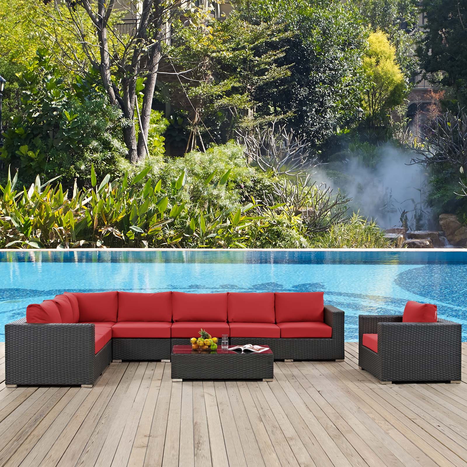 Sojourn 7 Piece Outdoor Patio Sunbrella® Sectional Set in Canvas Red