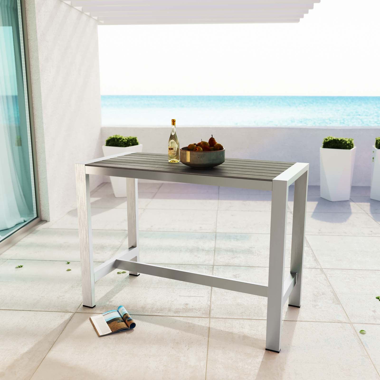 Shore Outdoor Patio Aluminum Rectangle Bar Table in Silver Gray