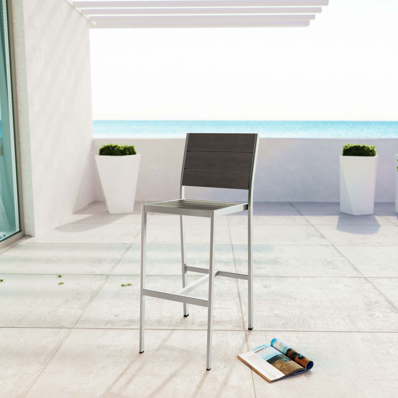 Shore Outdoor Patio Aluminum Armless Bar Stool in Silver Gray