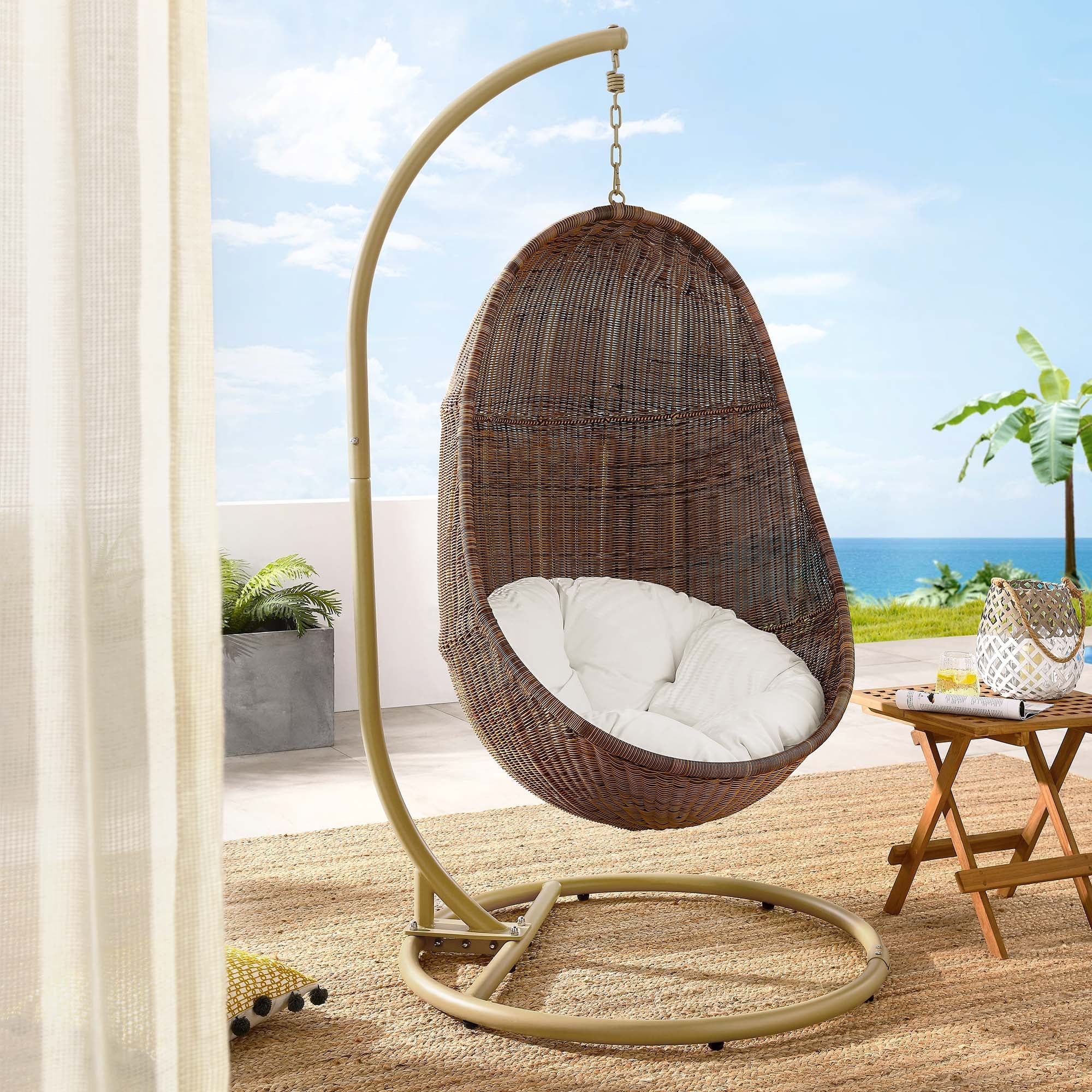 Bean Outdoor Patio Wood Swing Chair With Stand in Coffee White