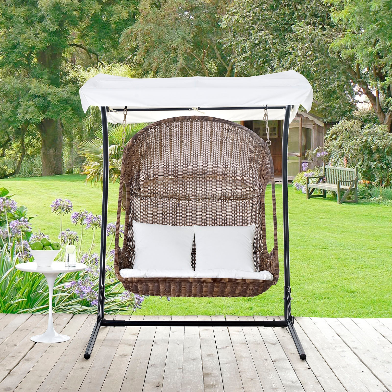 Vantage Outdoor Patio Swing Chair With Stand in Brown White