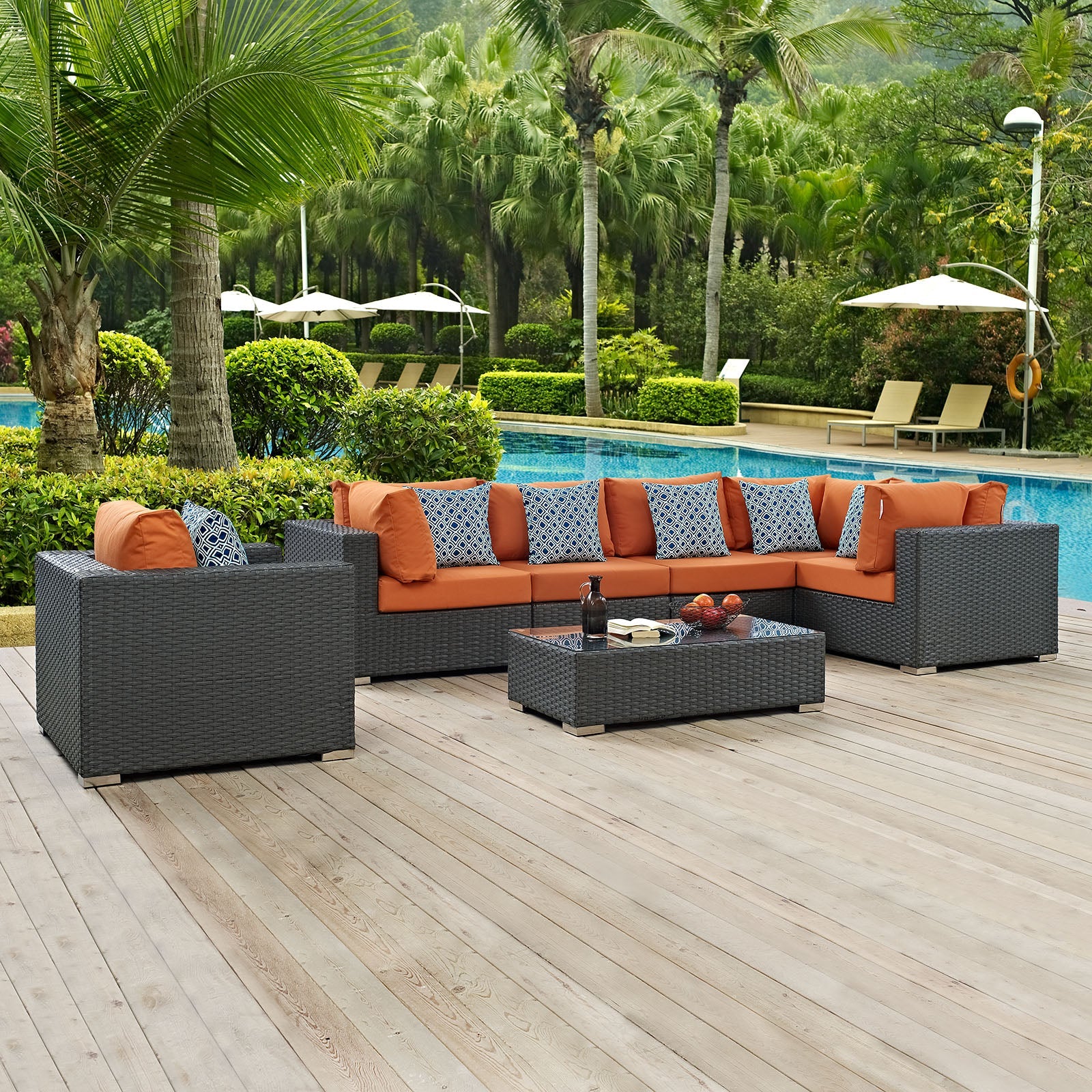 Sojourn 7 Piece Outdoor Patio Sunbrella® Sectional Set in Canvas Tuscan