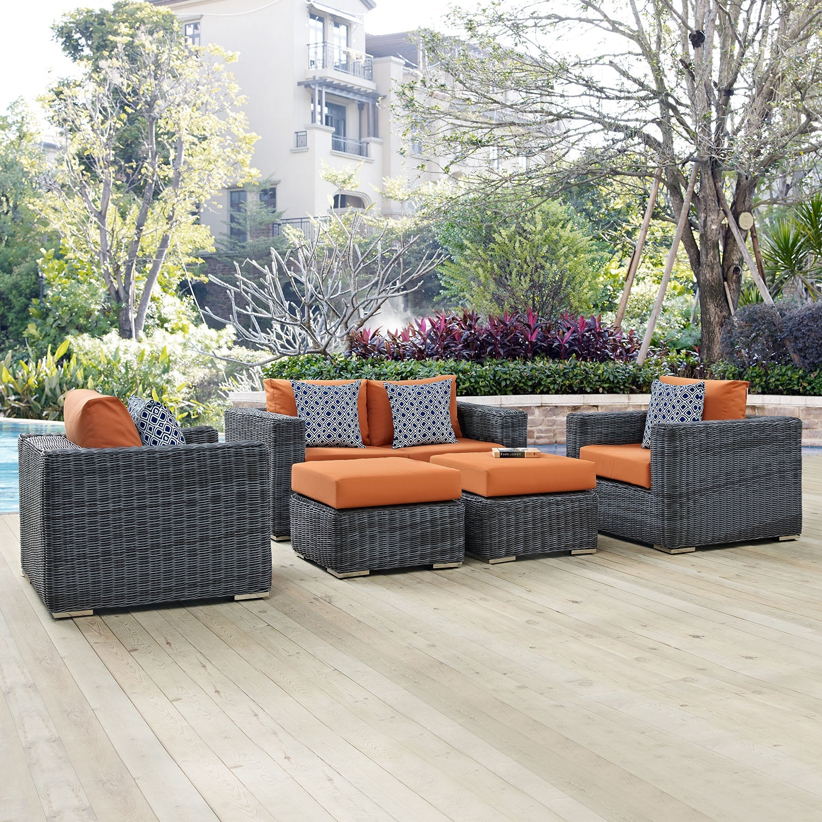 Summon 5 Piece Outdoor Patio Sunbrella® Sectional Set in Canvas Tuscan