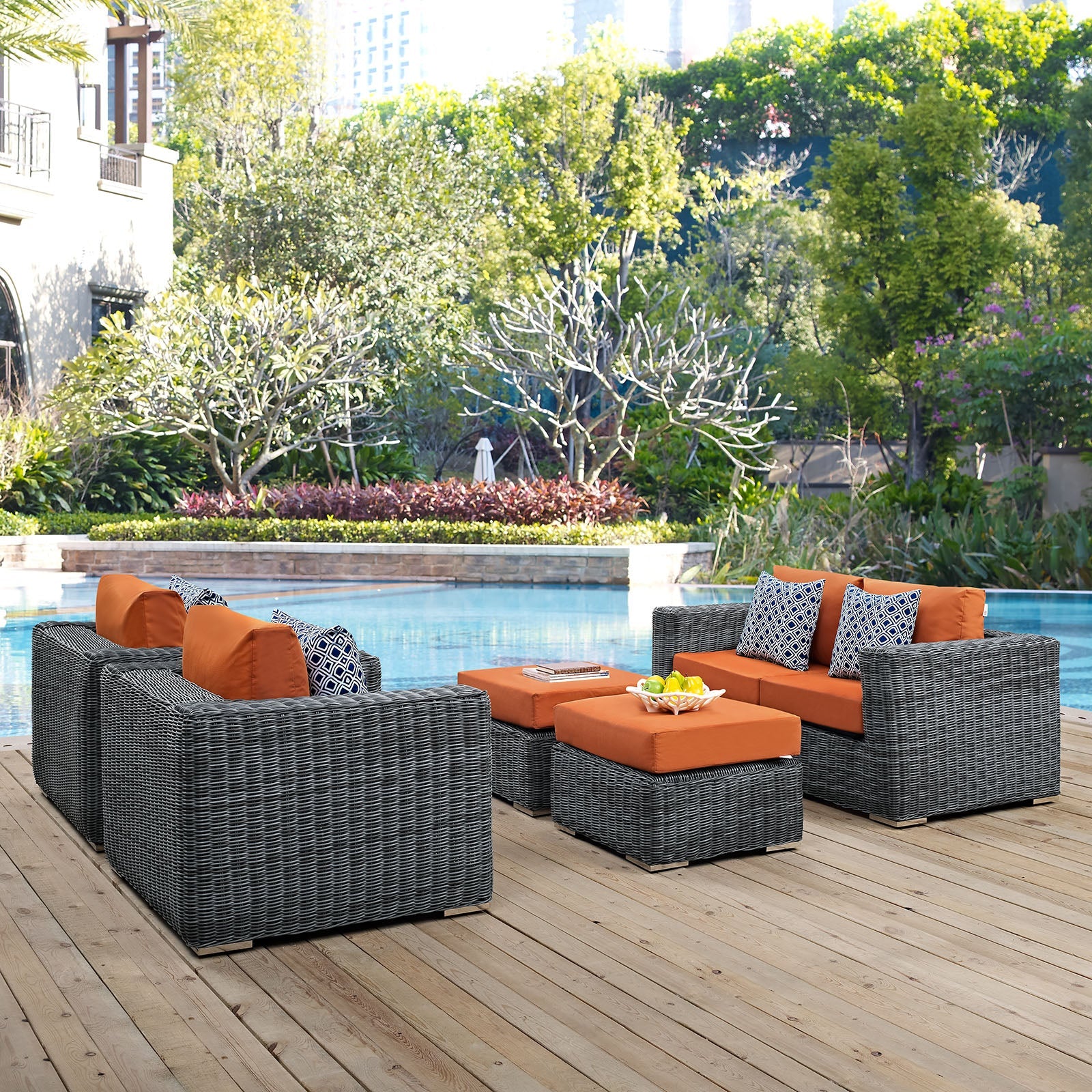 Summon 5 Piece Outdoor Patio Sunbrella® Sectional Set in Canvas Tuscan