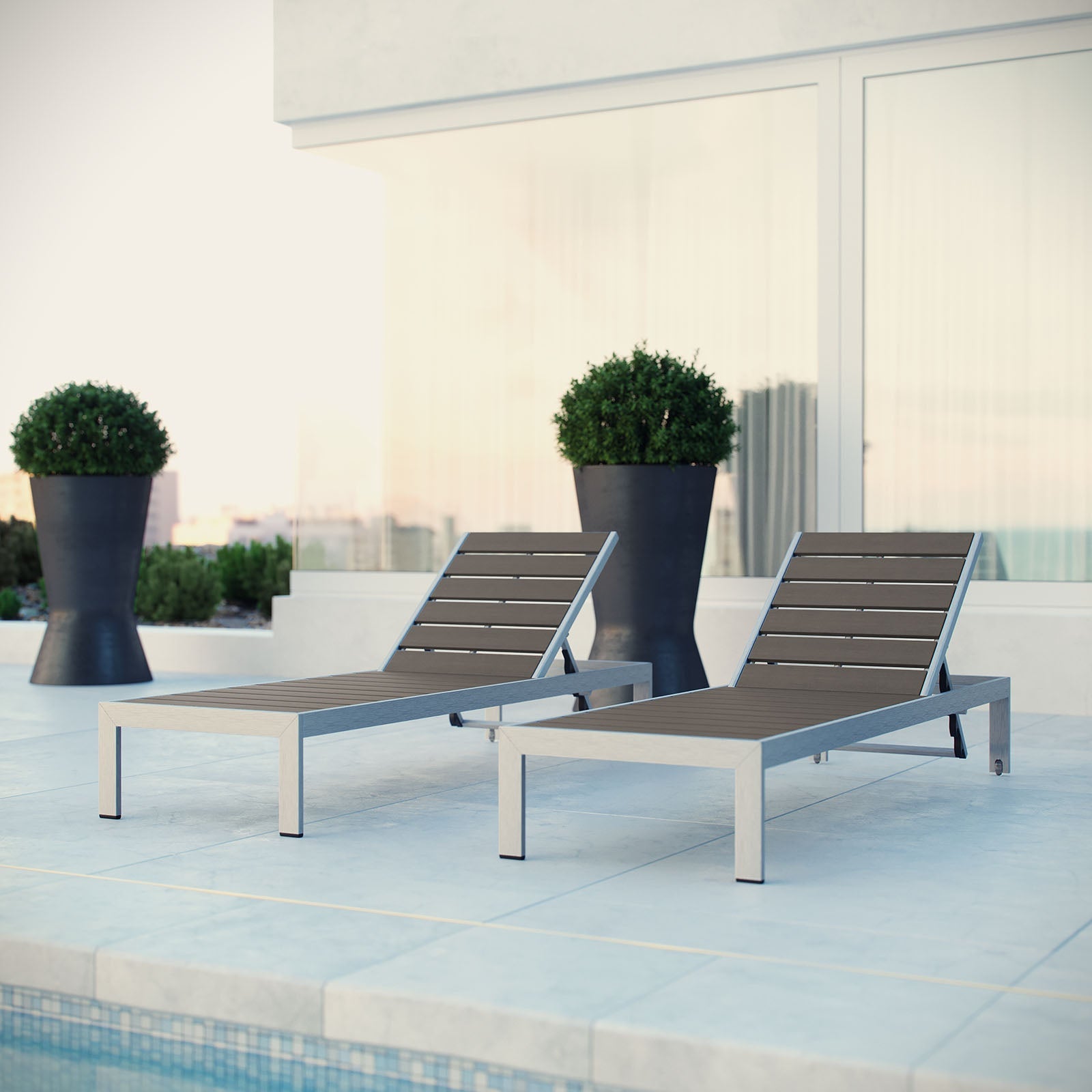 Shore Outdoor Patio Aluminum Chaise Set of 2 in Silver Gray