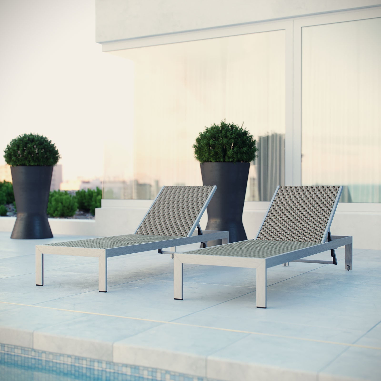 Shore Outdoor Patio Aluminum Chaise Set of 2 in Silver Gray