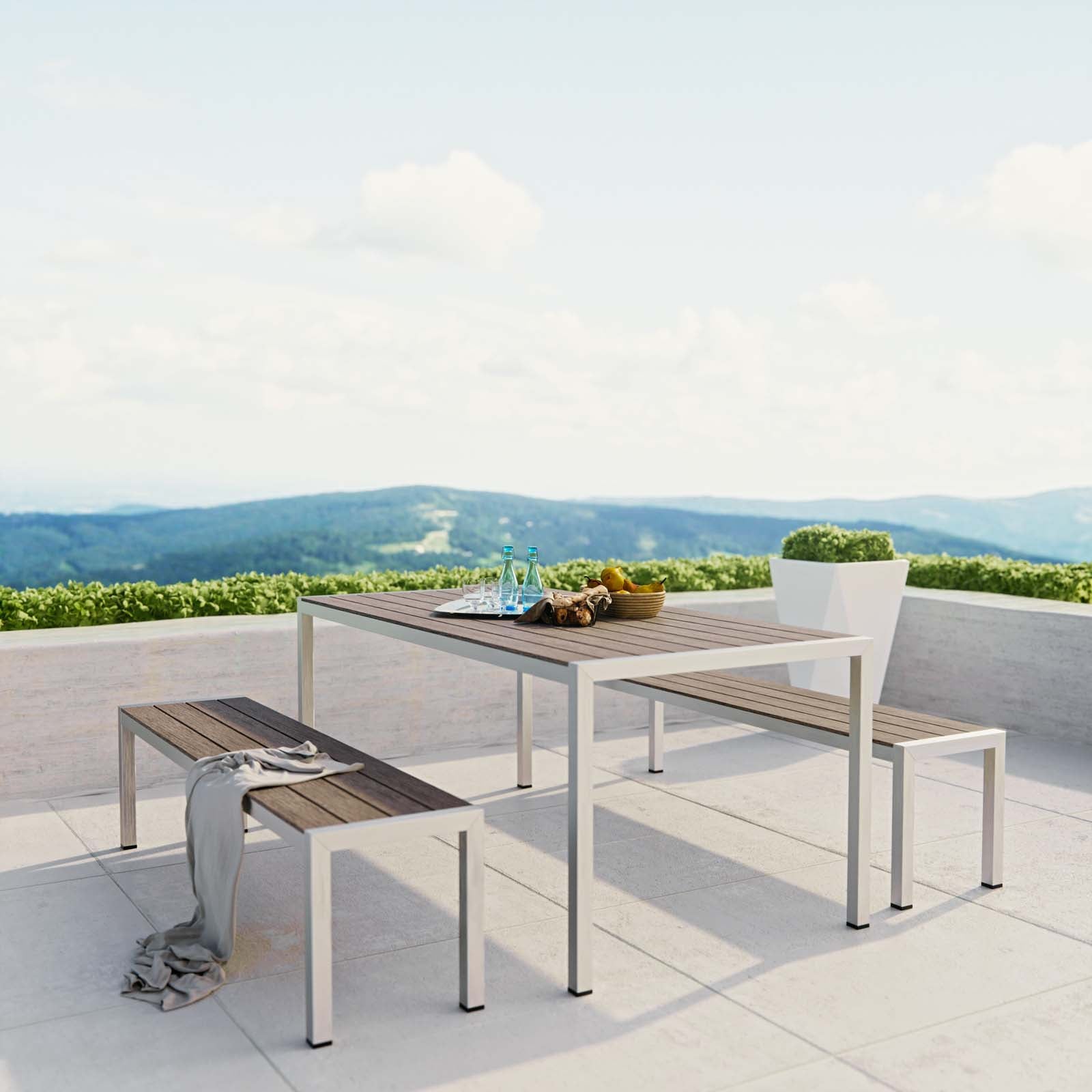 Shore 3 Piece Outdoor Patio Aluminum Dining Set in Silver Gray