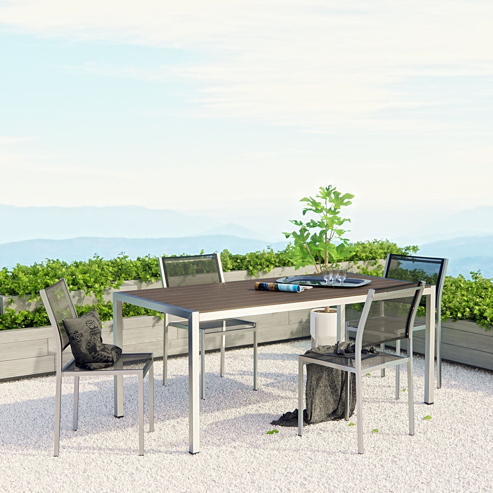 Shore 5 Piece Outdoor Patio Aluminum Dining Set in Silver Black