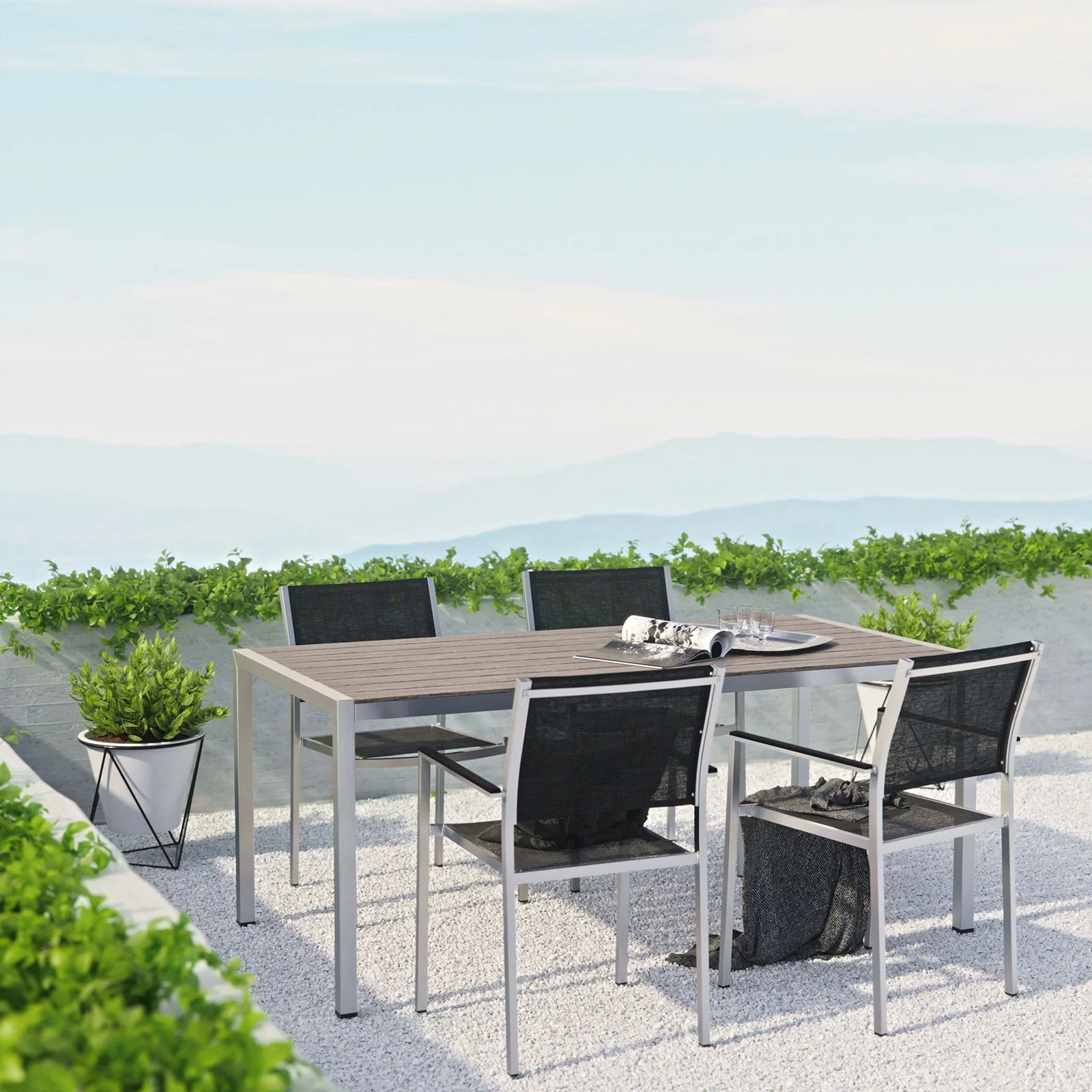 Shore 5 Piece Outdoor Patio Aluminum Dining Set in Silver Black