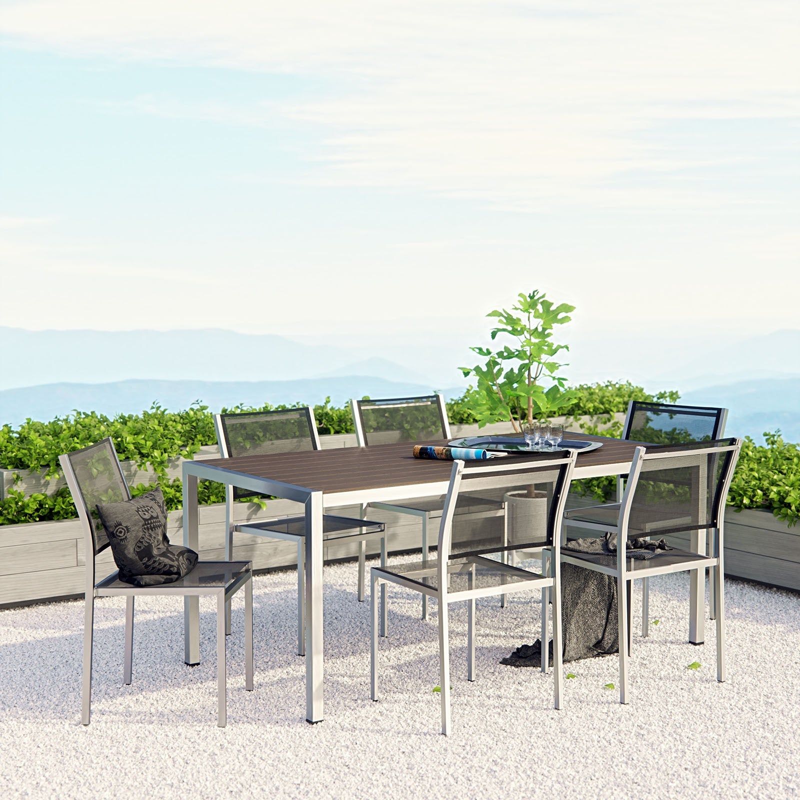 Shore 7 Piece Outdoor Patio Aluminum Dining Set in Silver Black