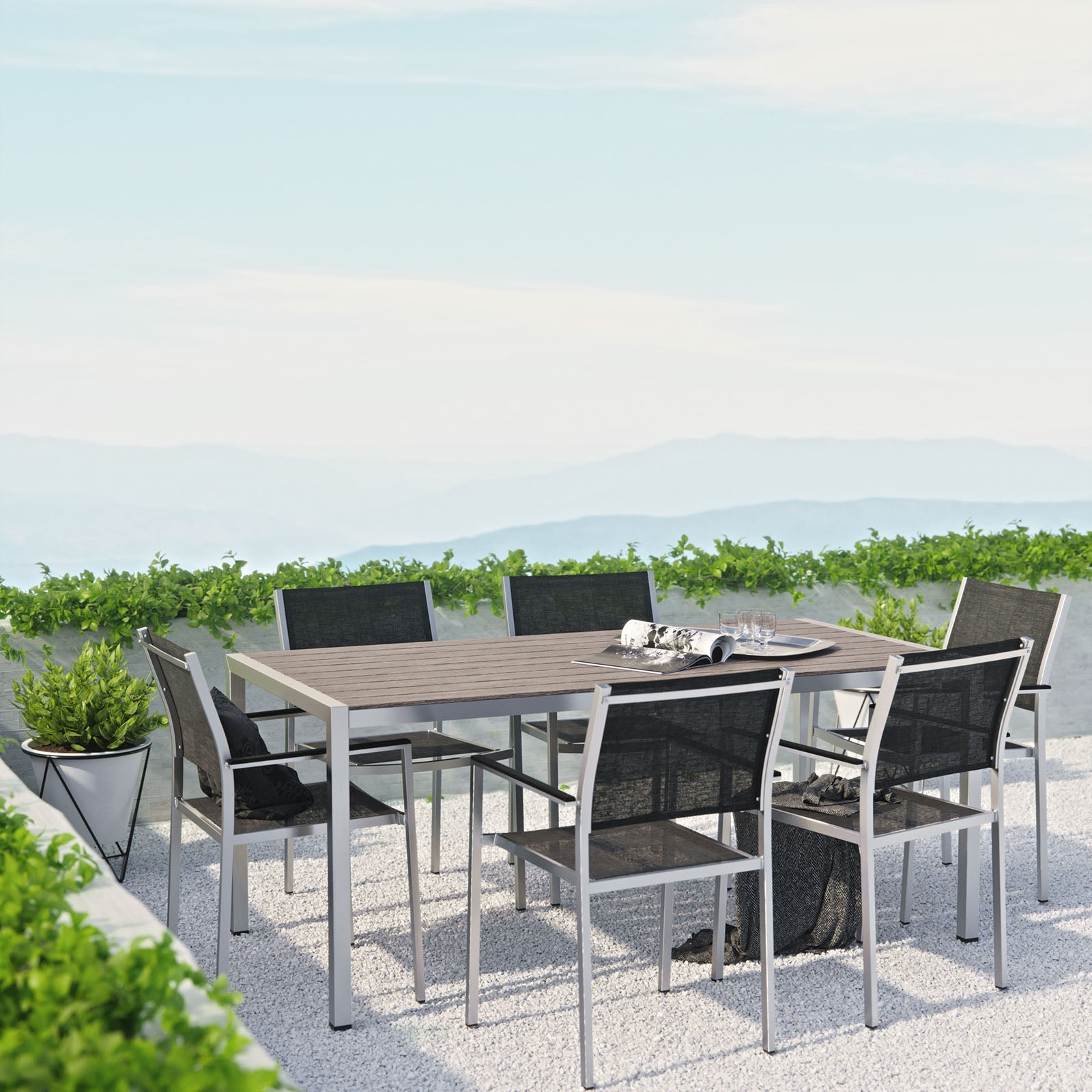 Shore 7 Piece Outdoor Patio Aluminum Dining Set in Silver Black