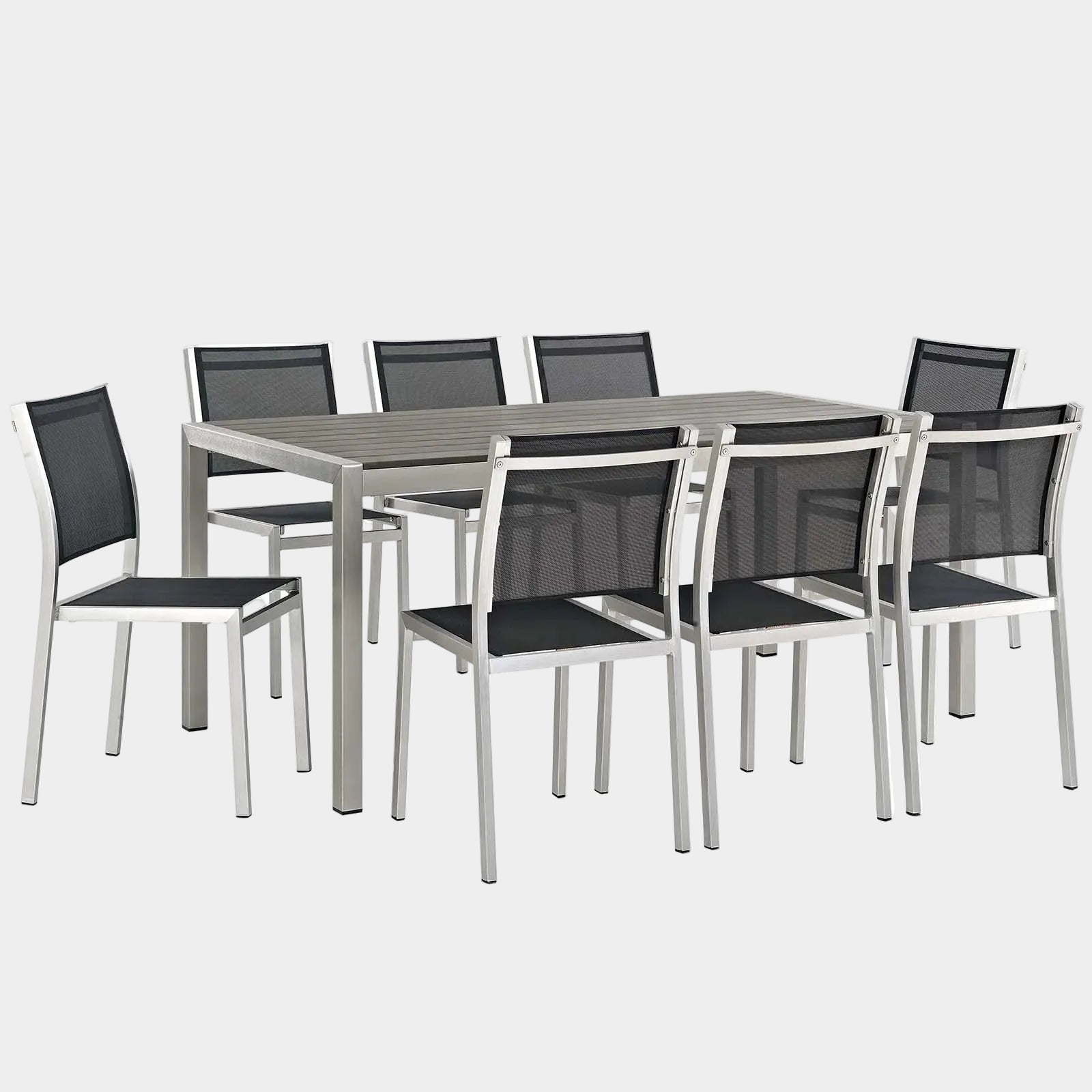 Shore 9 Piece Outdoor Patio Aluminum Dining Set in Silver Black