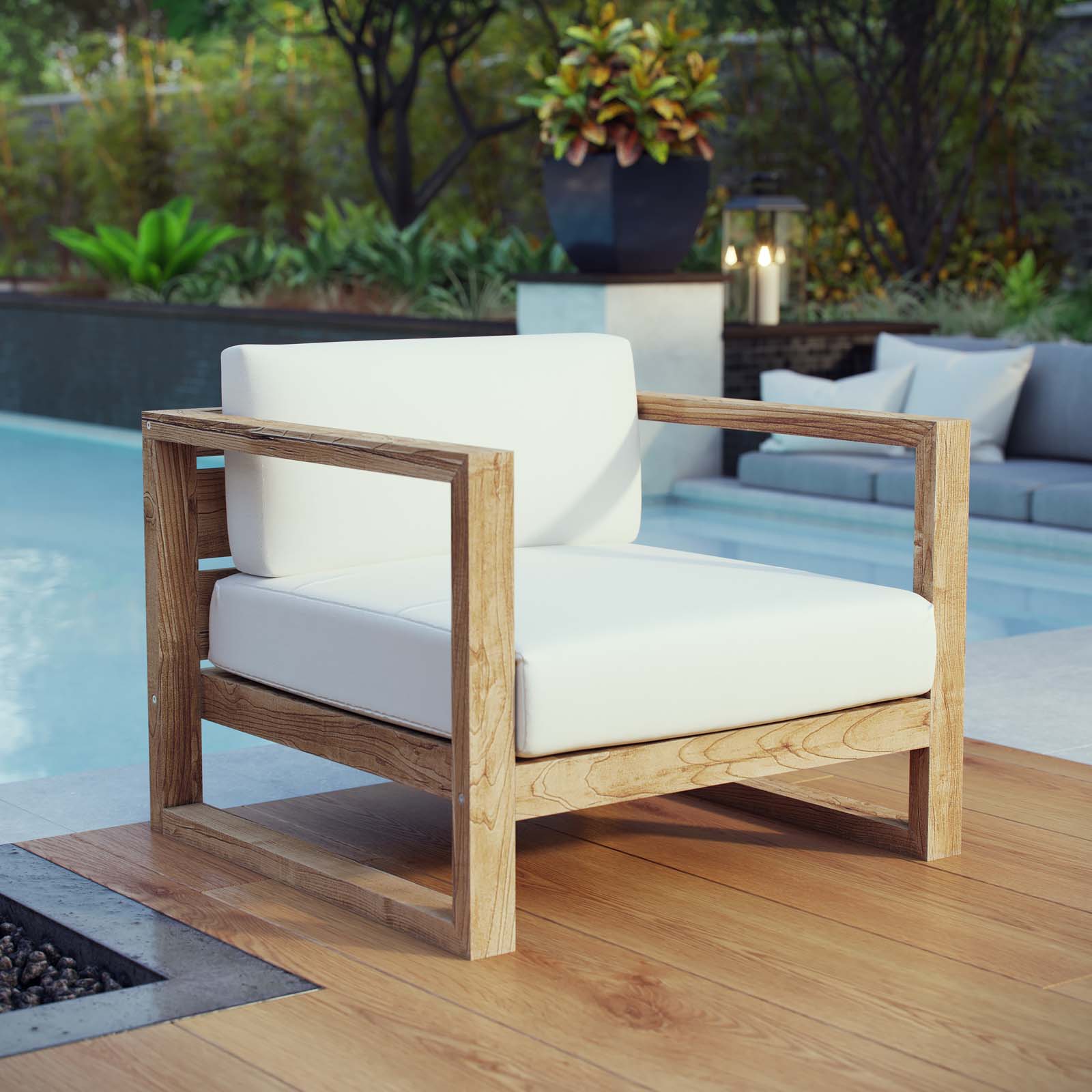 Fauteuil de terrasse d'extérieur Upland en teck blanc naturel 