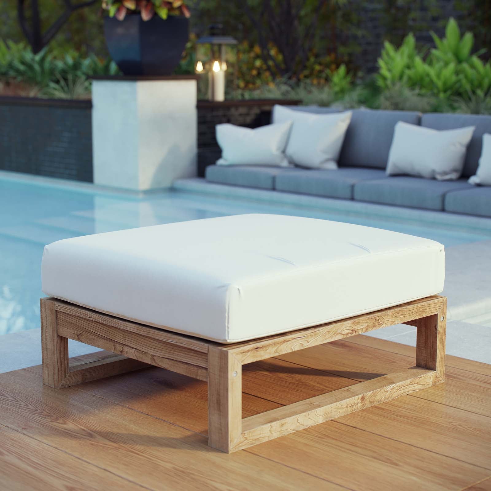 Upland Outdoor Patio Teak Ottoman in Natural White