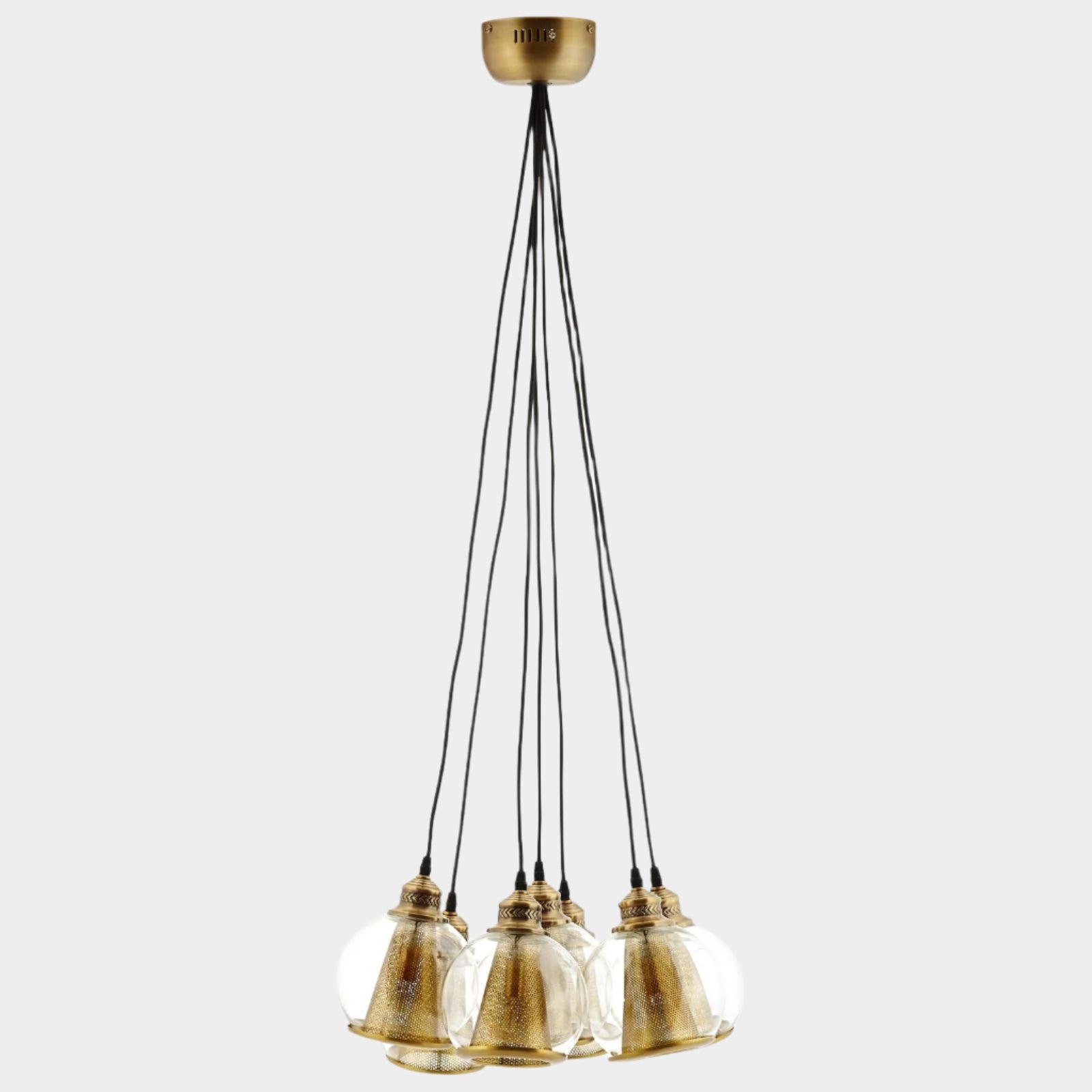 Peak Brass Cone and Glass Globe Cluster Pendant Chandelier