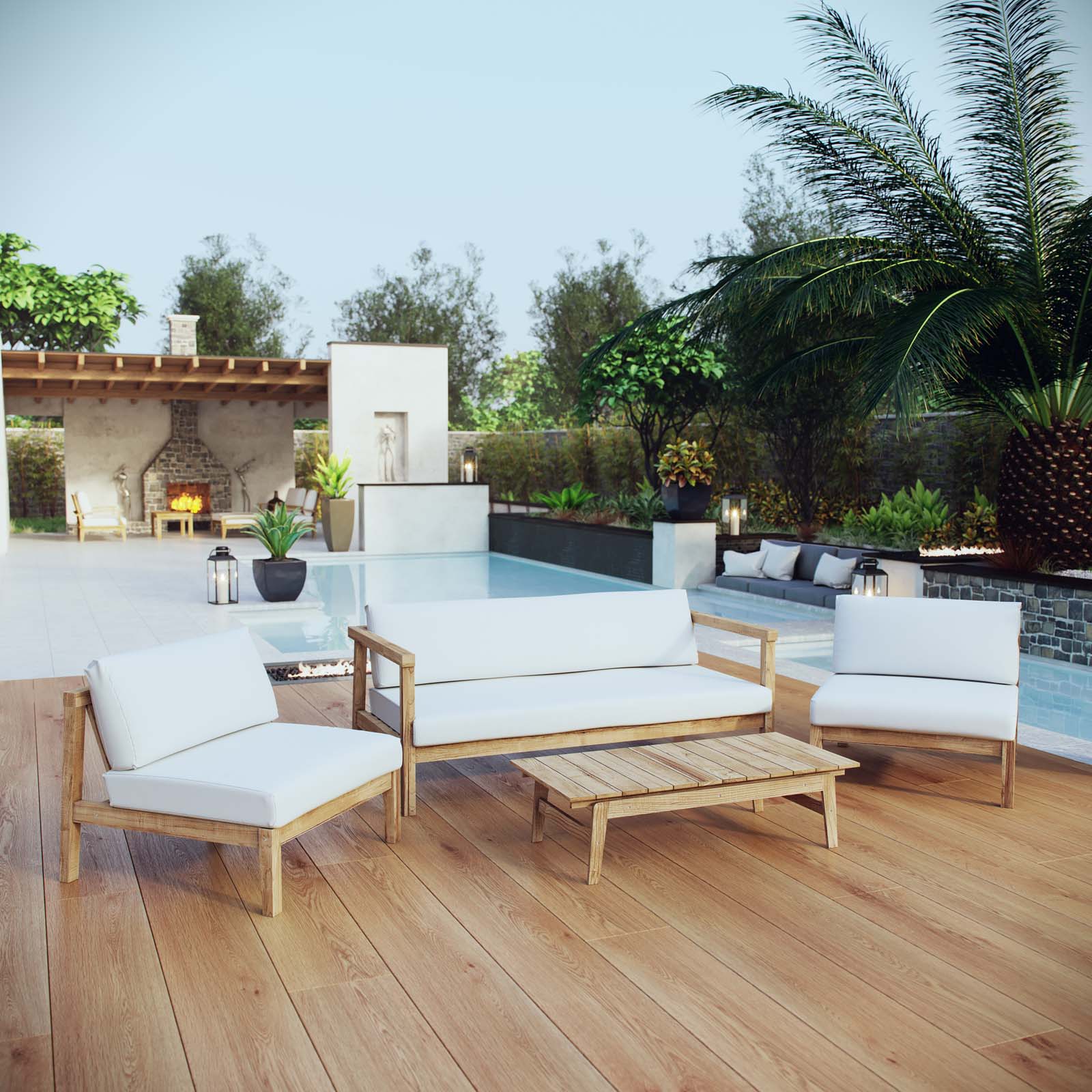 Bayport 4 Piece Outdoor Patio Teak Set in Natural White