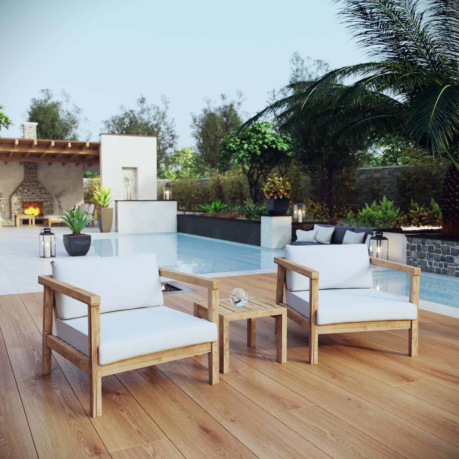 Bayport 3 Piece Outdoor Patio Teak Set in Natural White