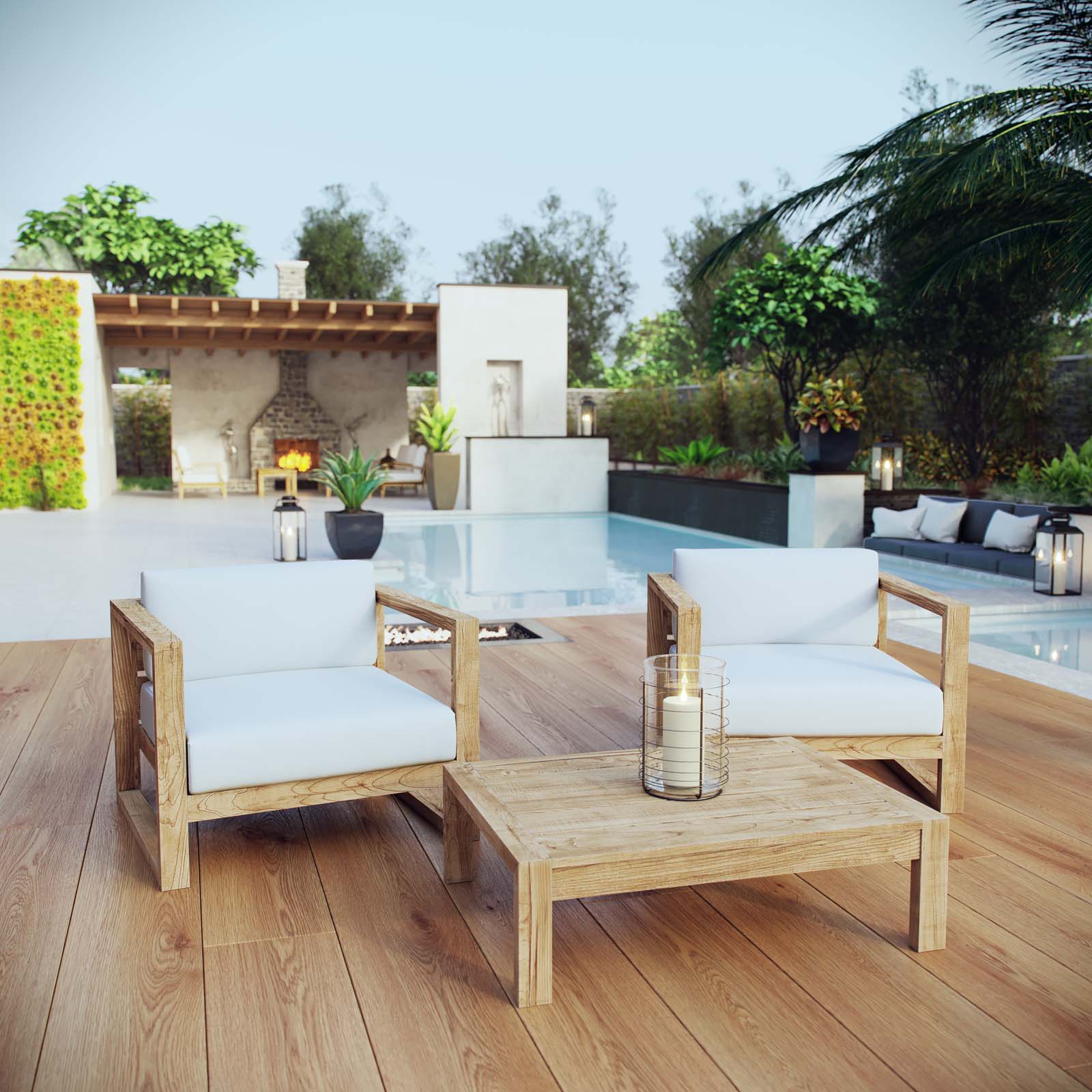 Upland 3 Piece Outdoor Patio Teak Set in Natural White