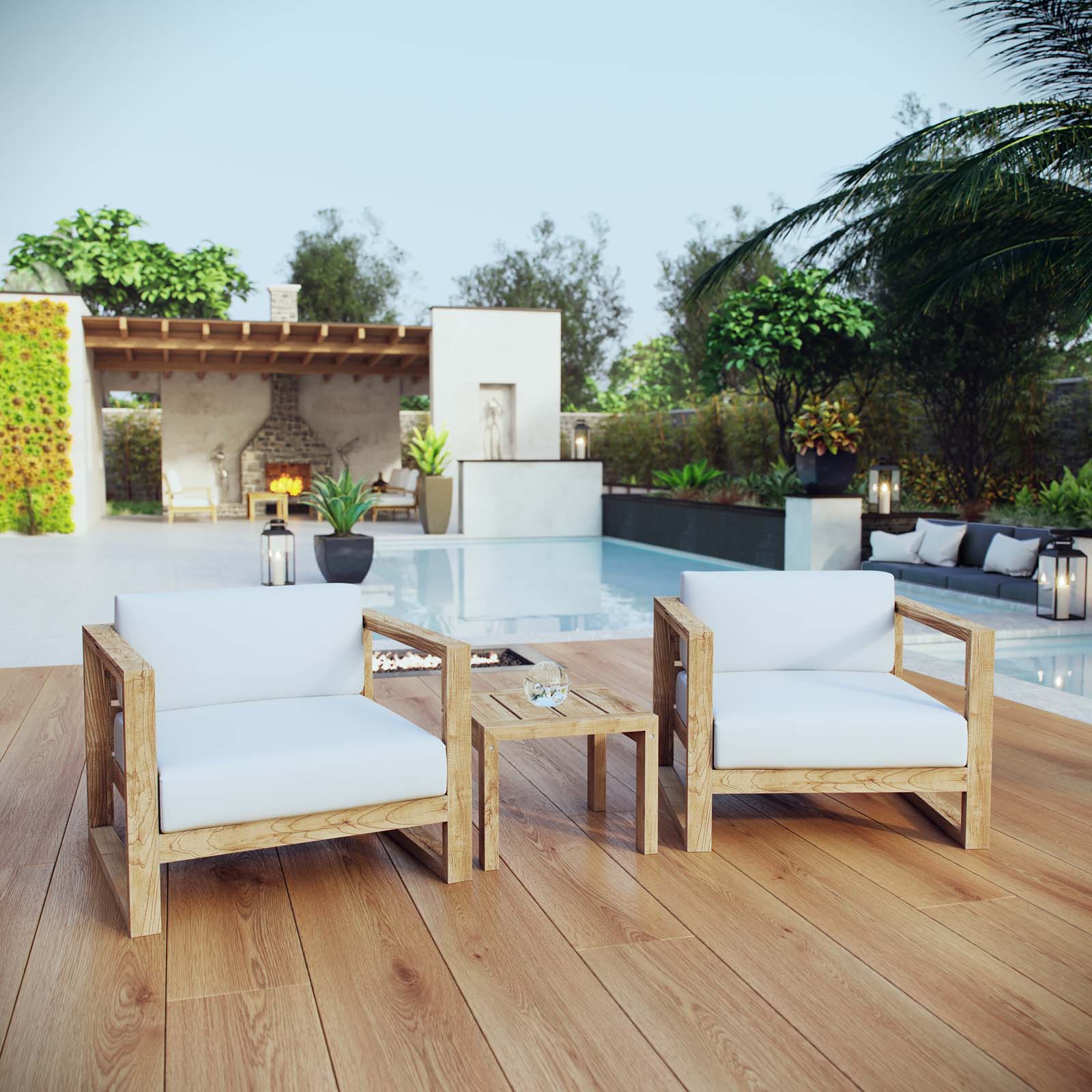 Upland 3 Piece Outdoor Patio Teak Set in Natural White