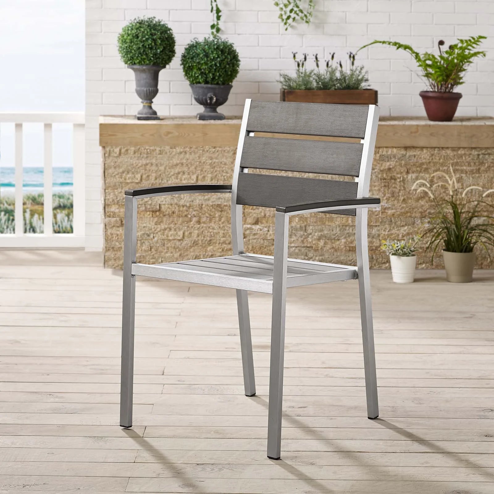 Shore Outdoor Patio Aluminum Dining Armchair in Silver Gray