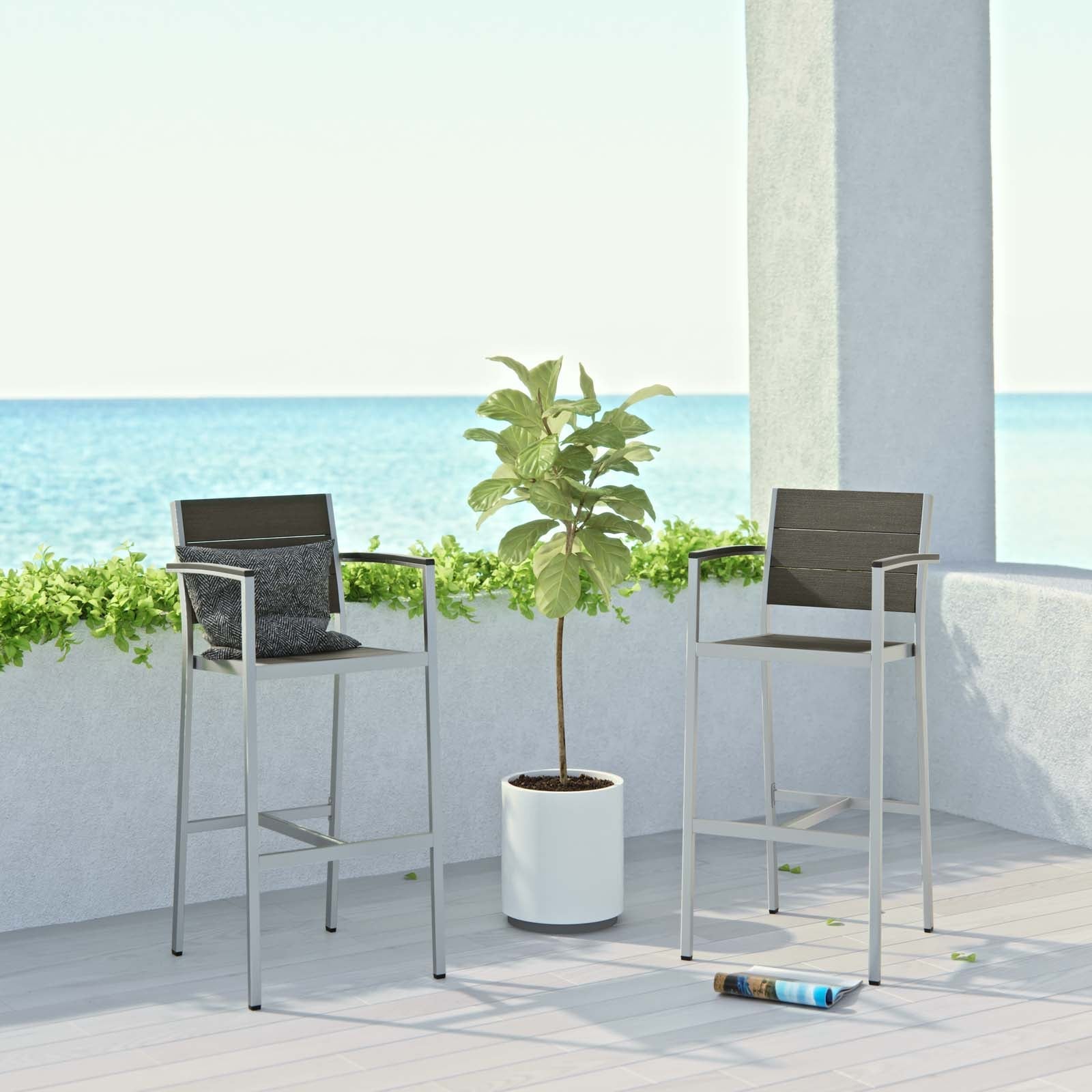 Shore Outdoor Patio Aluminum Bar Stool Set of 2 in Silver Gray