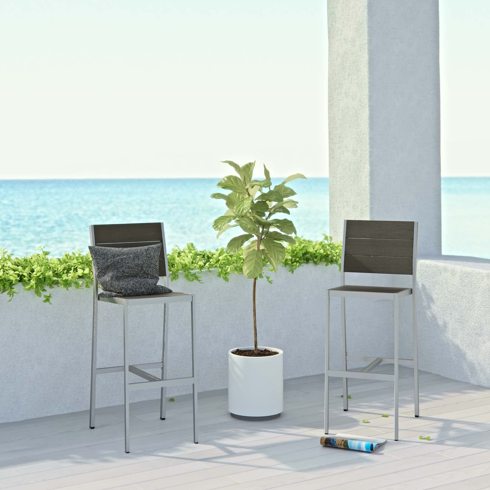 Shore Outdoor Patio Aluminum Armless Bar Stool Set of 2 in Silver Gray