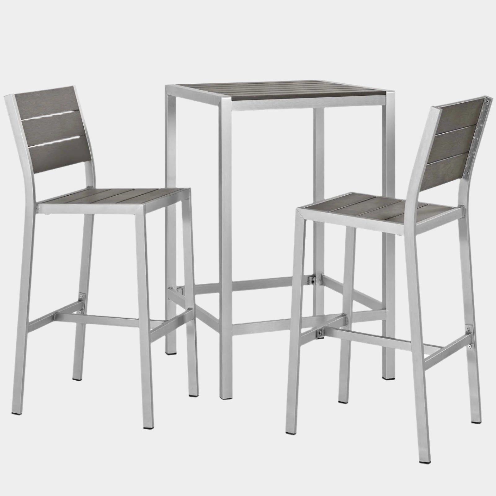 Shore 3 Piece Outdoor Patio Aluminum Pub Set in Silver Gray