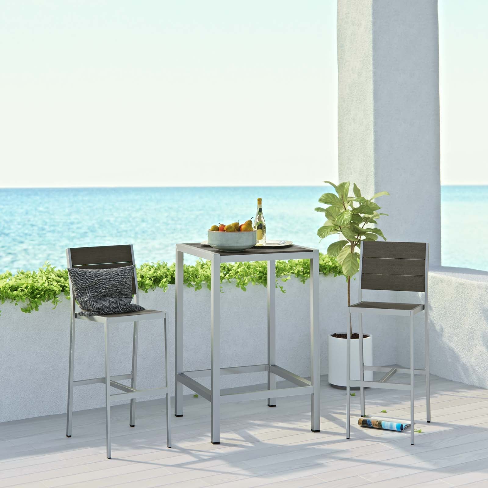 Shore 3 Piece Outdoor Patio Aluminum Pub Set in Silver Gray