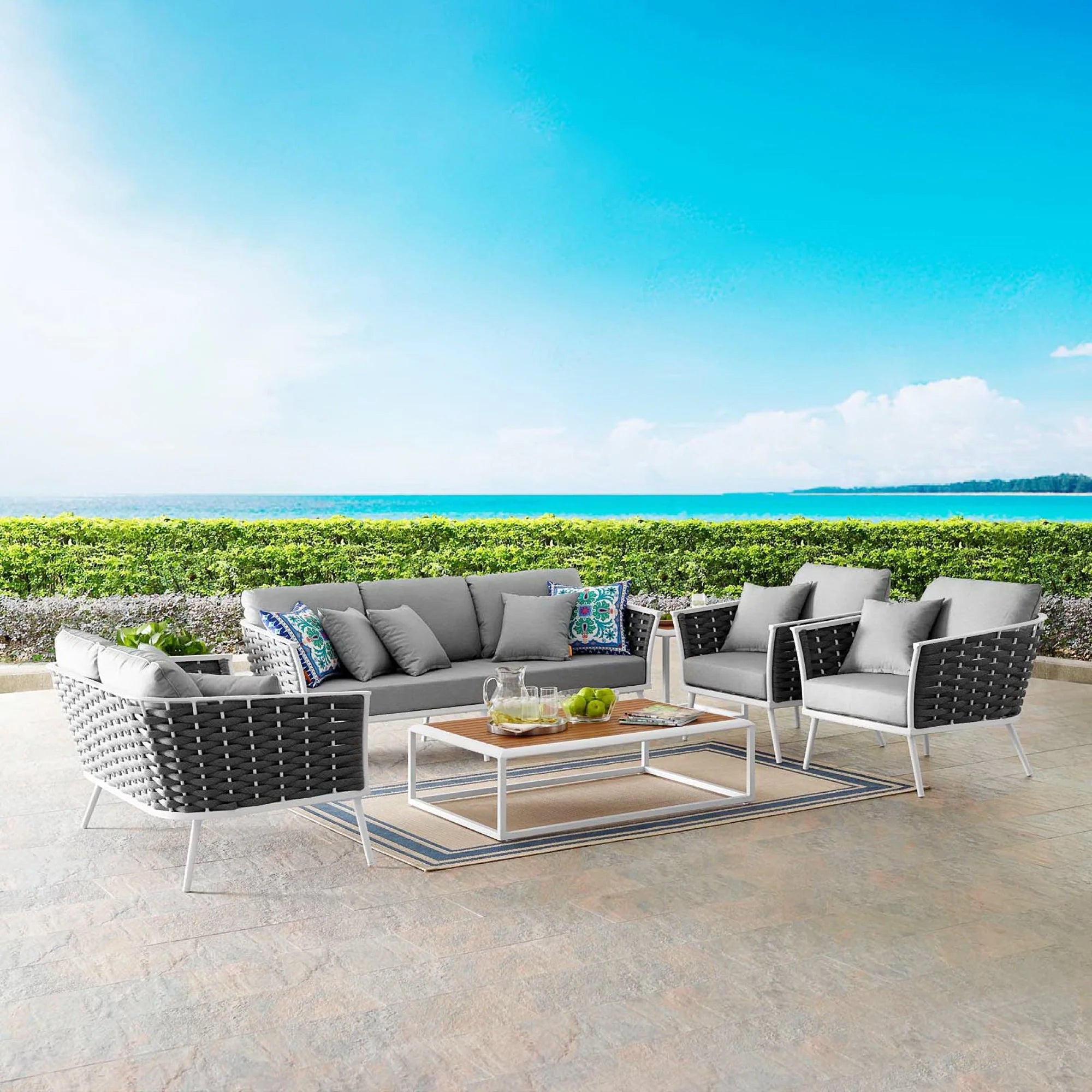 Stance 7 Piece Outdoor Aluminum Sectional Sofa Set in White Gray